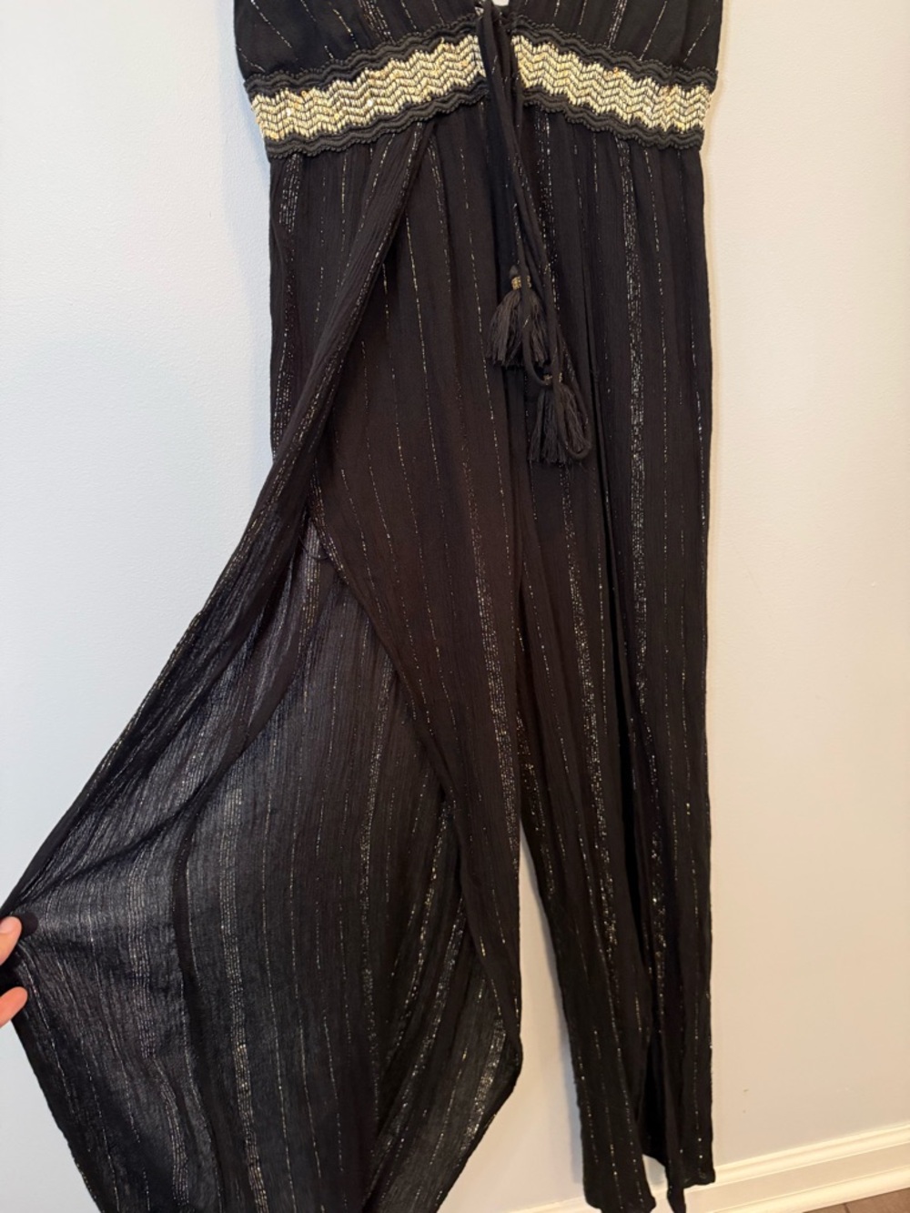 River Island Black Plunge Wide Leg Metallic Beach Jumpsuit XS Vacation - Picture 2 of 12